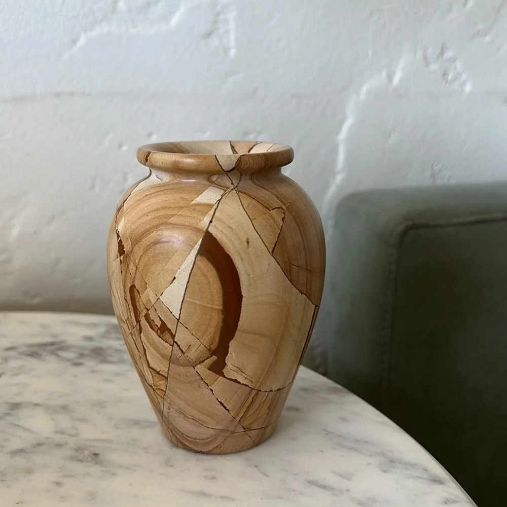 Vintage heavy small stone vase tan beige